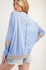 New EASEL Baby Blue Gray Trim Size S Long Sleeve Blouse