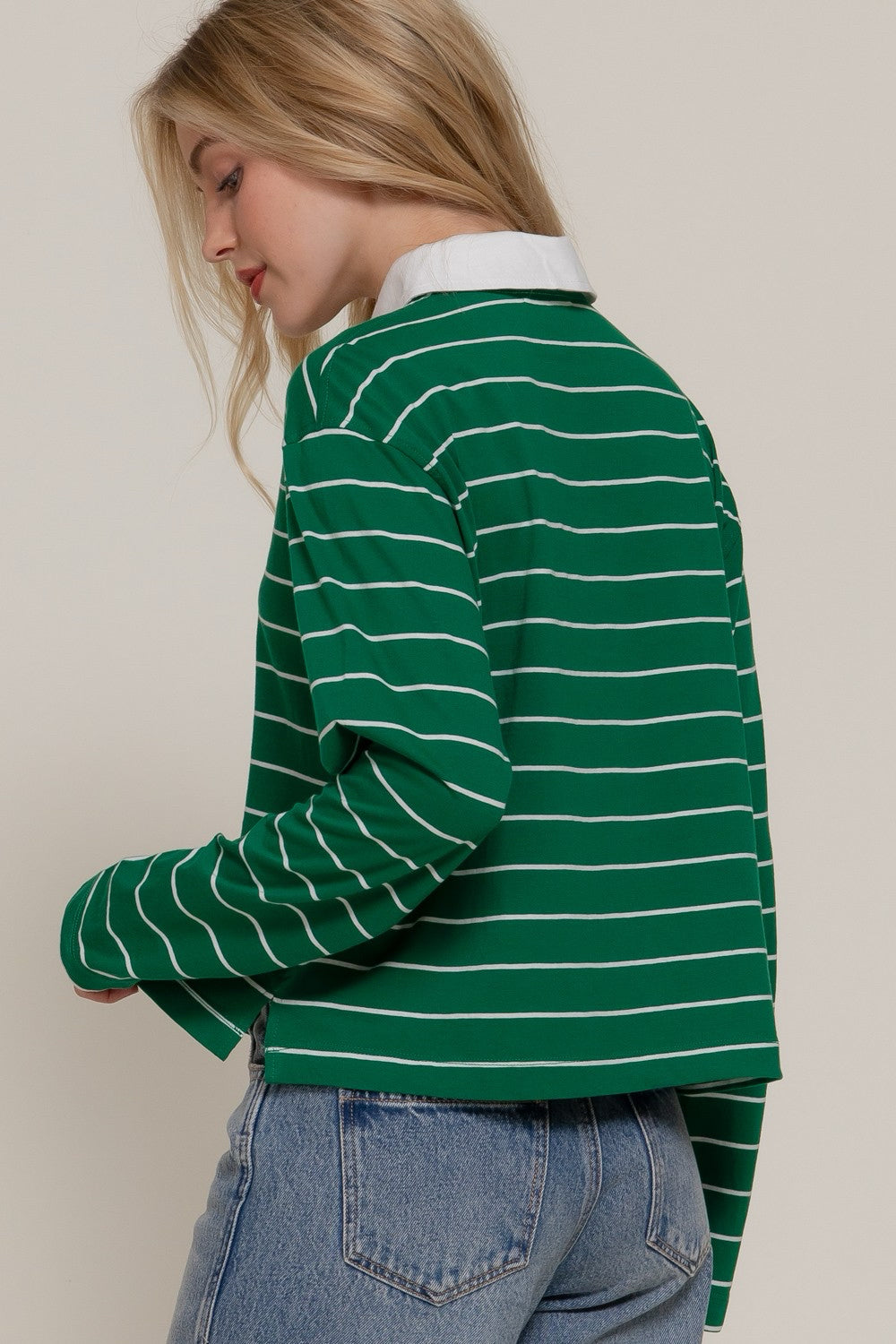 New ACTIVE BASIC Green White Pinstripe Long Sleeve Blouse