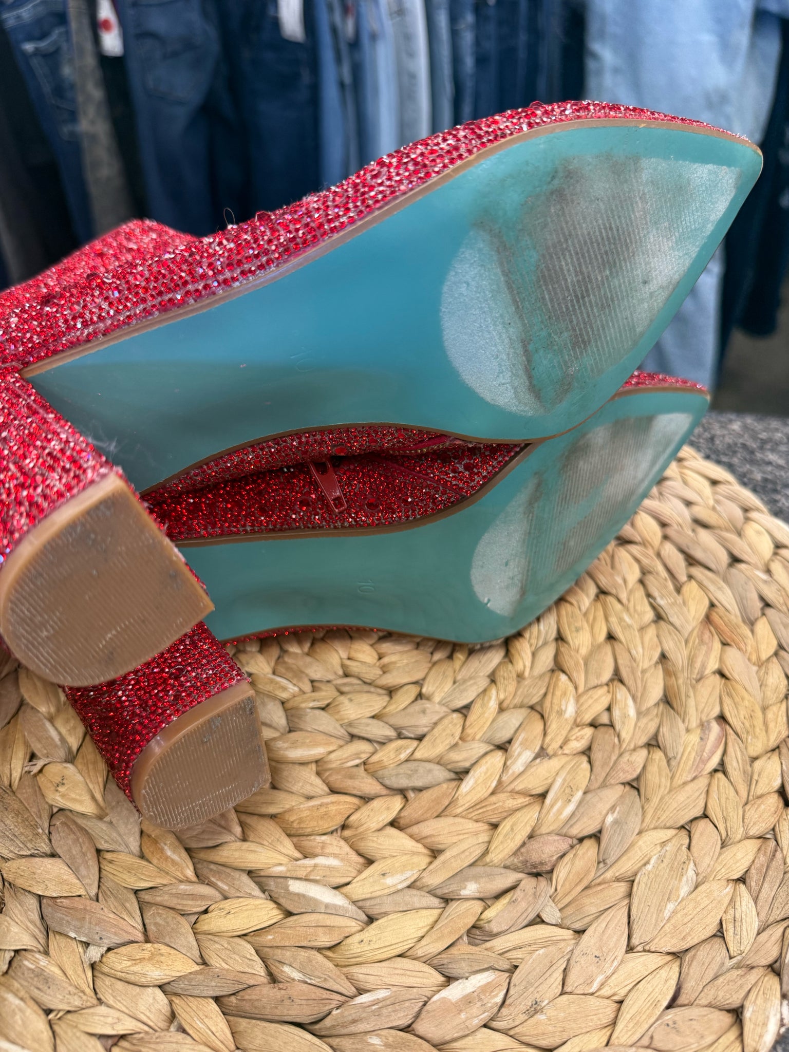 Pre-owned BETSEY JOHNSON RED SPARKLE Size 10 Designer Bootie