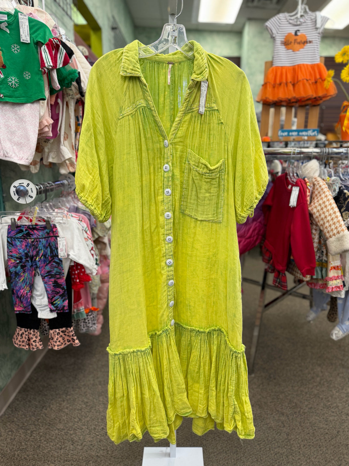 Pre-owned FREE PEOPLE Lime green Size 10/12 Short Sleeve Designer Dress
