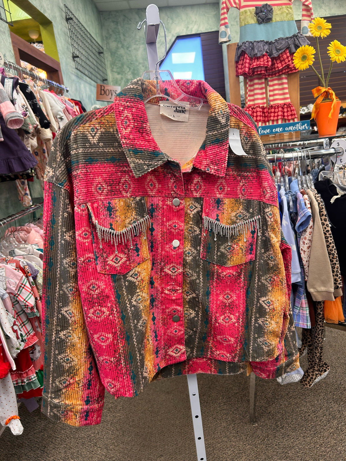 Pre-owned SAVANNA JANE Hot pink Olive Print Size L Long Sleeve Shacket