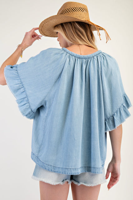 New EASEL Light Denim Size S Short Sleeve Blouse