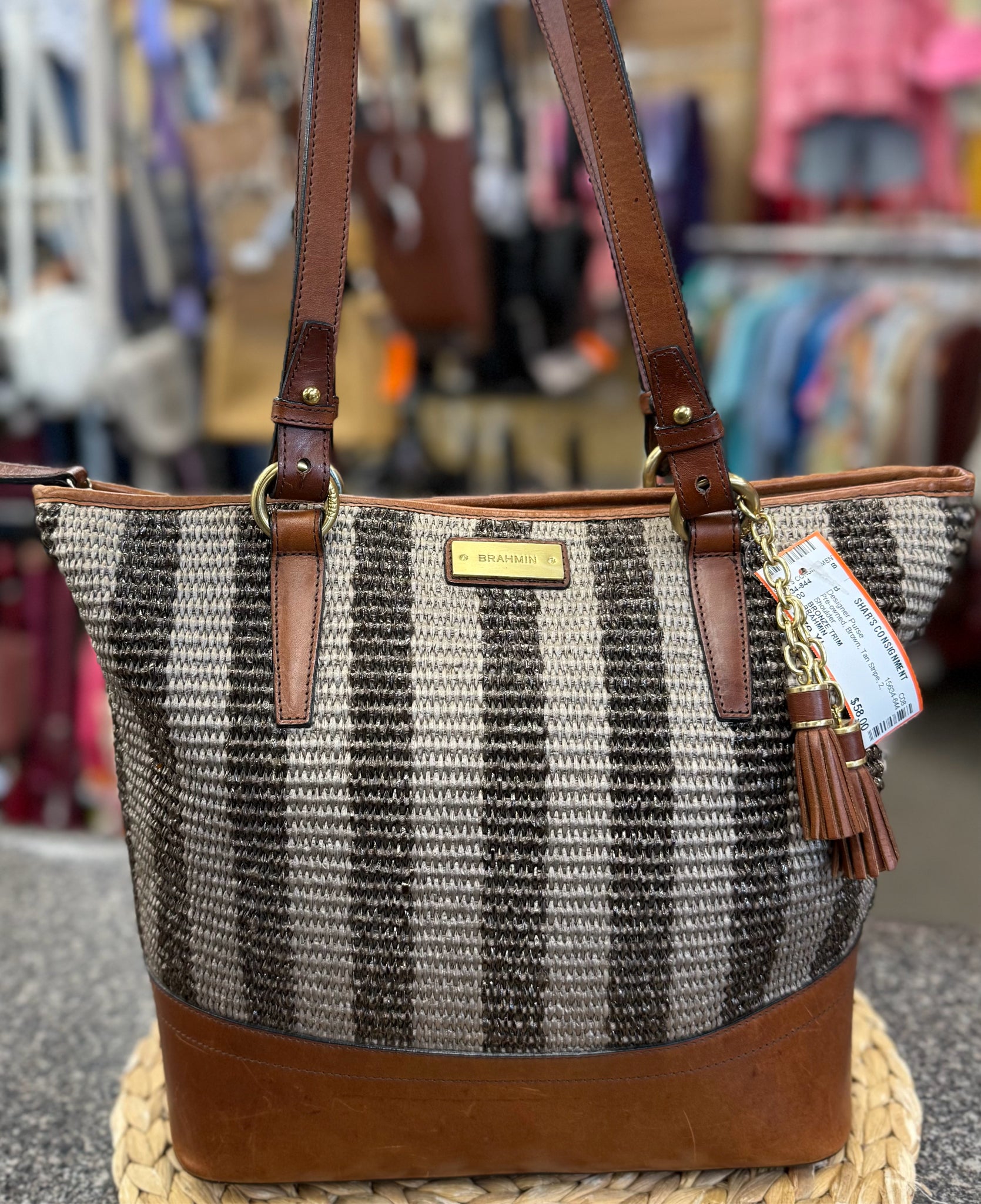 Pre-owned BRAHMIN Brown Tan Stripe Shoulder Designer Purse