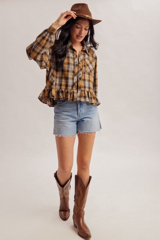 New HEM & THREAD Mustard plaid Black Size: S Long Sleeve Blouse