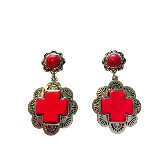 New WESTERN Red Silver Trim Earring