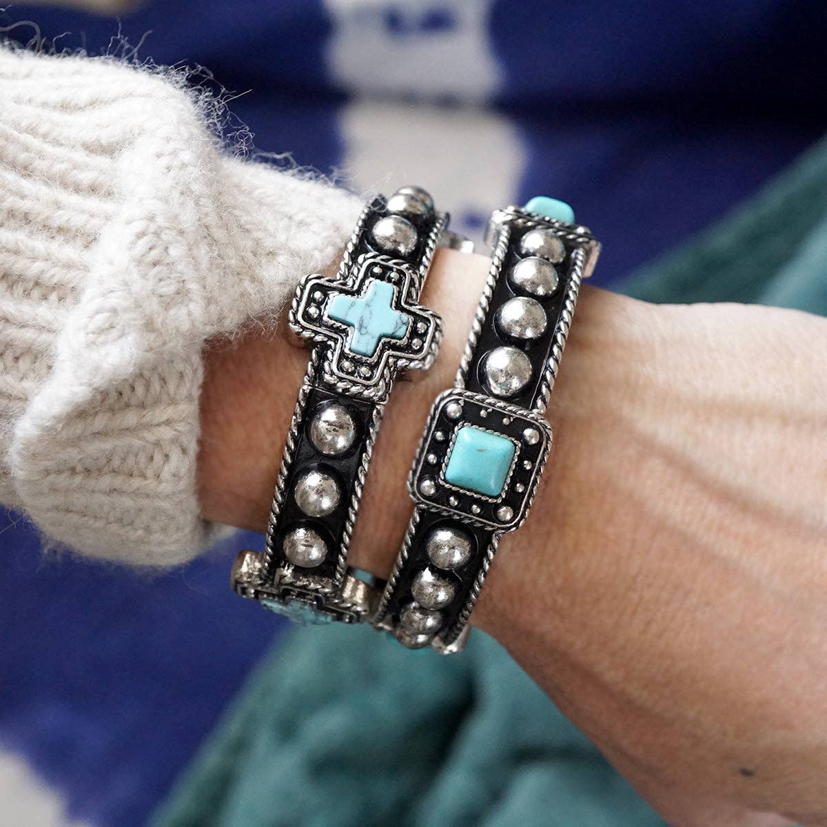 Desert Song – Boho Western Stretch Bangles with Turquoise: Cross