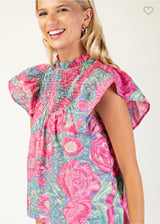 New Gigio Hot pink floral Blue Size S Short Sleeve Blouse