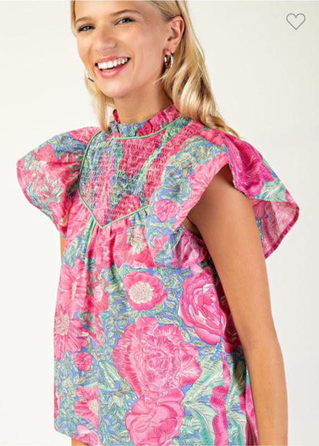 New Gigio Hot pink floral Blue Size S Short Sleeve Blouse