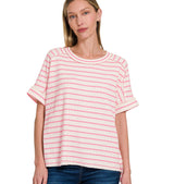 New Zenana Pink stripe White Size M/L Short Sleeve Blouse