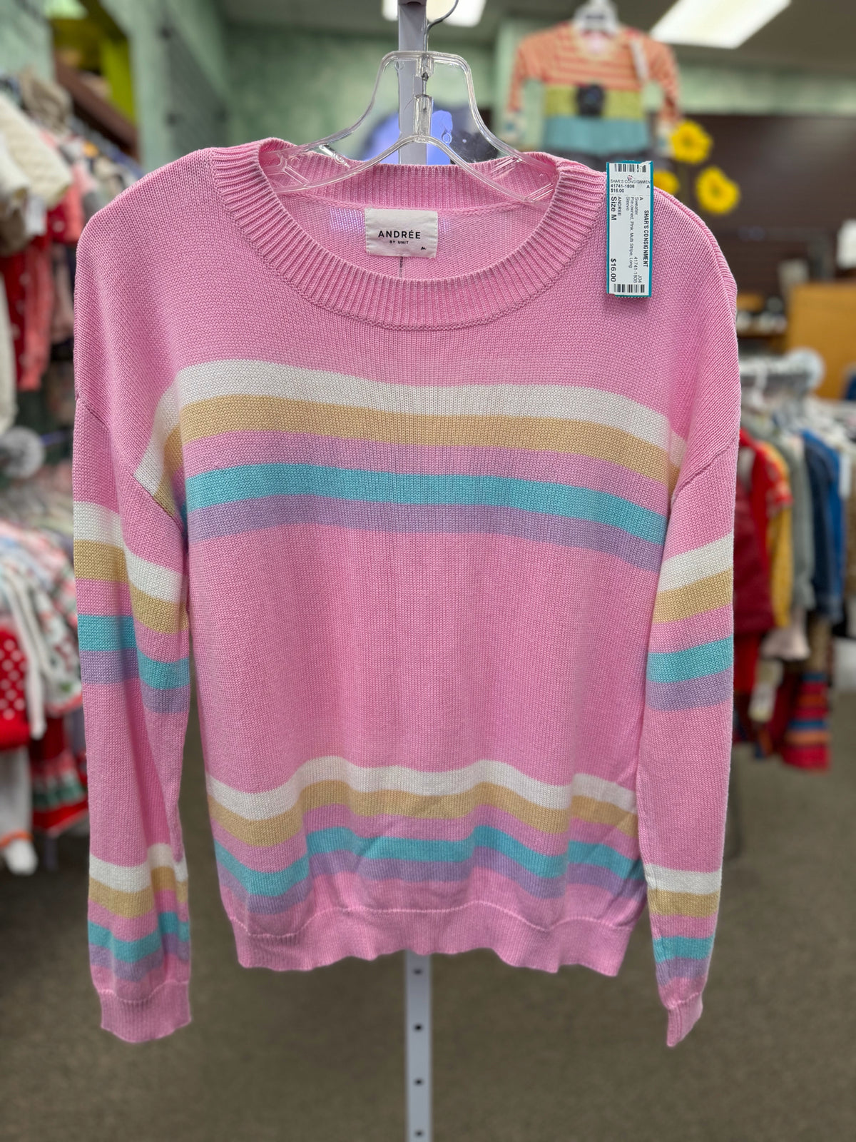 Pre-owned ANDREE Pink Multi Stripe Size M Long Sleeve Sweater