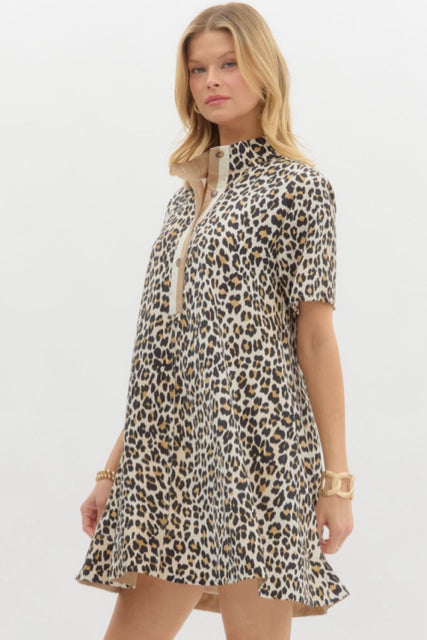 New ENTRO Leopard Tan Trim Size Small Short Sleeve Dress