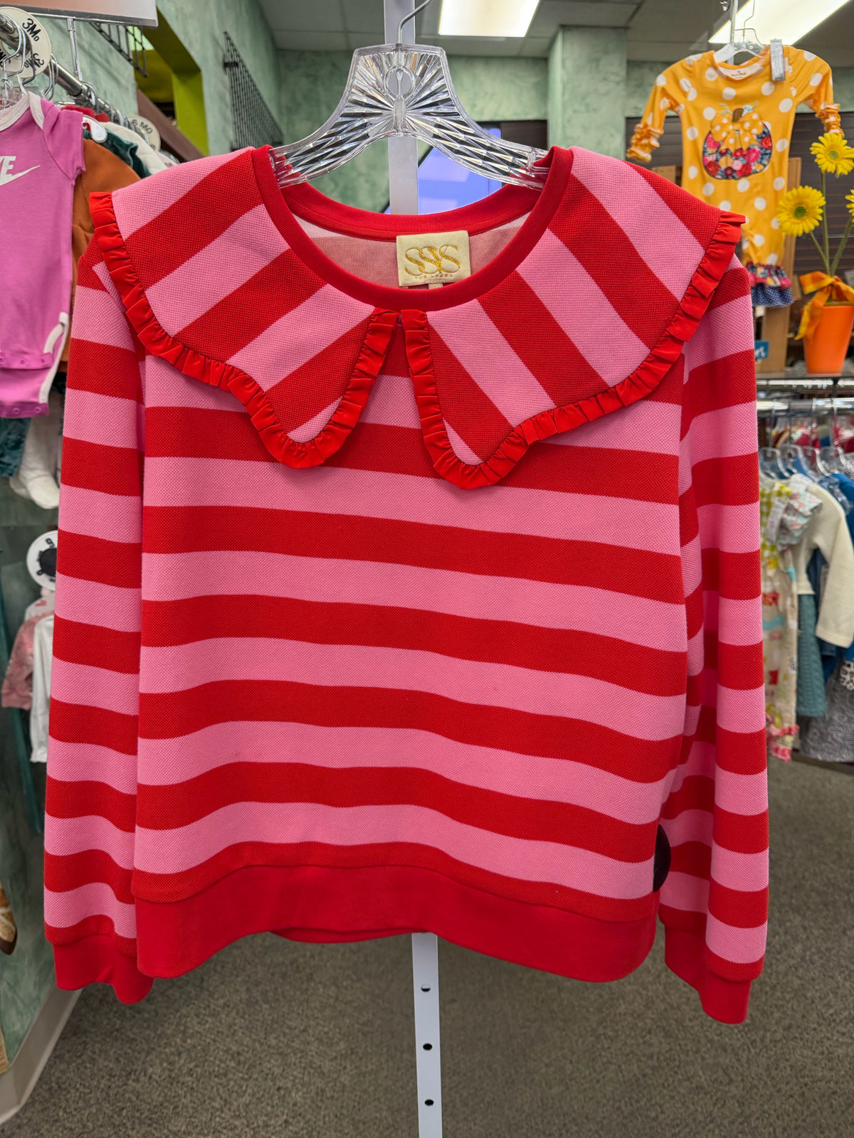 Pre-owned SSYS Pink Red Stripe Size: L Long Sleeve Blouse