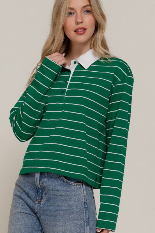 New ACTIVE BASIC Green White Pinstripe Long Sleeve Blouse