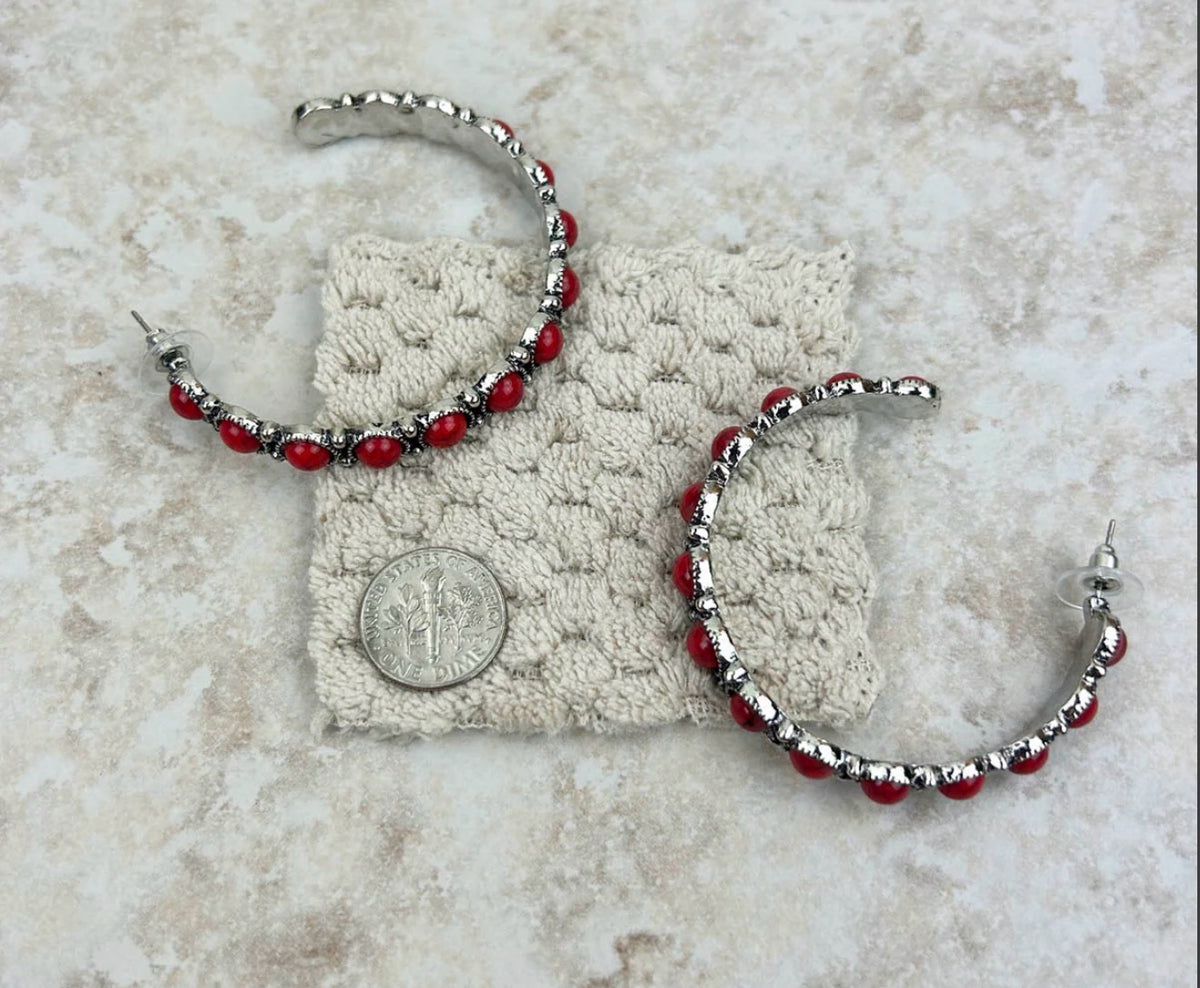 New WESTERN Red Silver Trim Earring