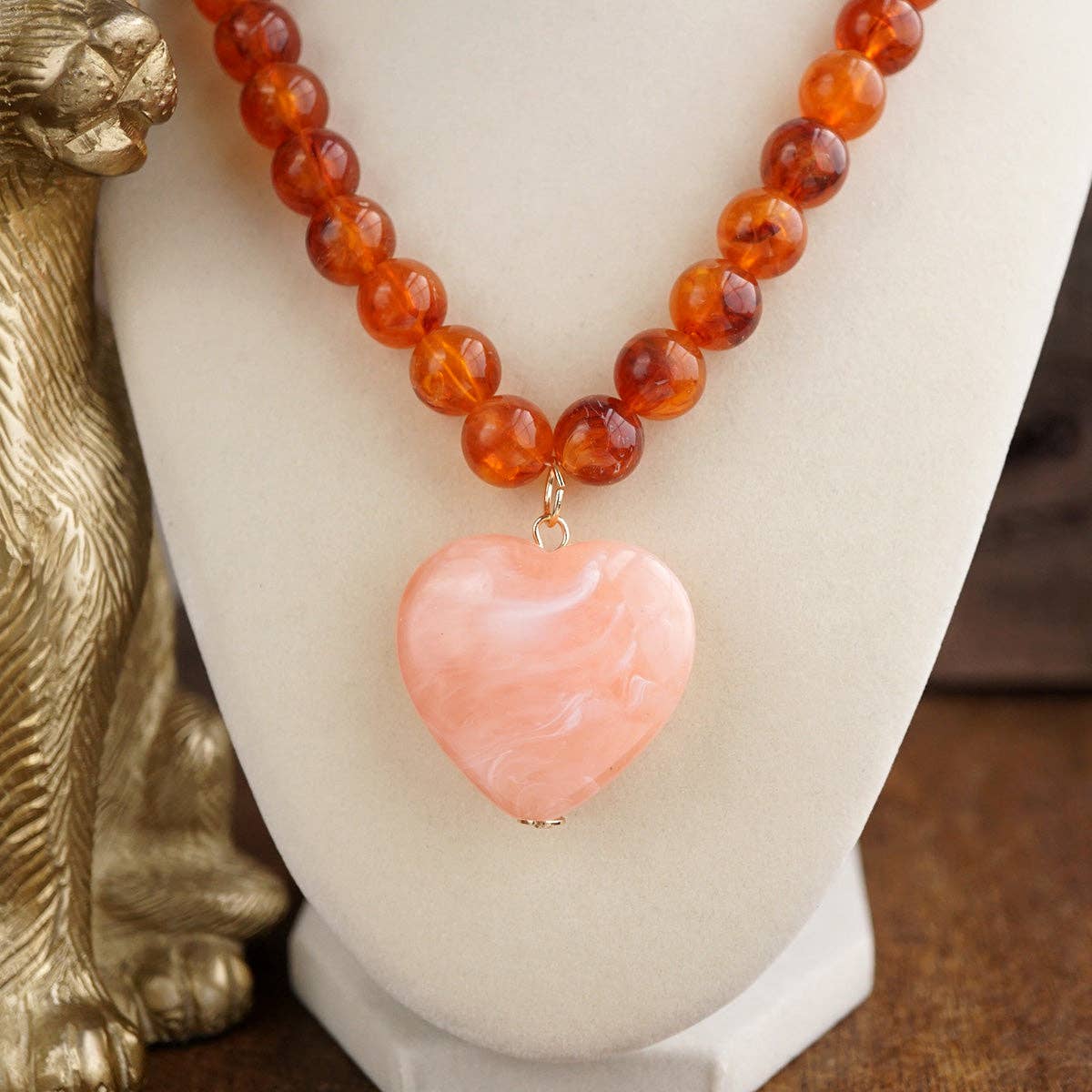 Chunky Statement Necklace – Chunky Beaded Heart Pendant Necklace: Turquoise