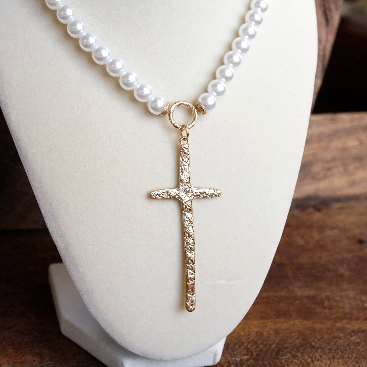 Primitive Cross Necklace Gold Pearl Turquoise Beads: Pearls