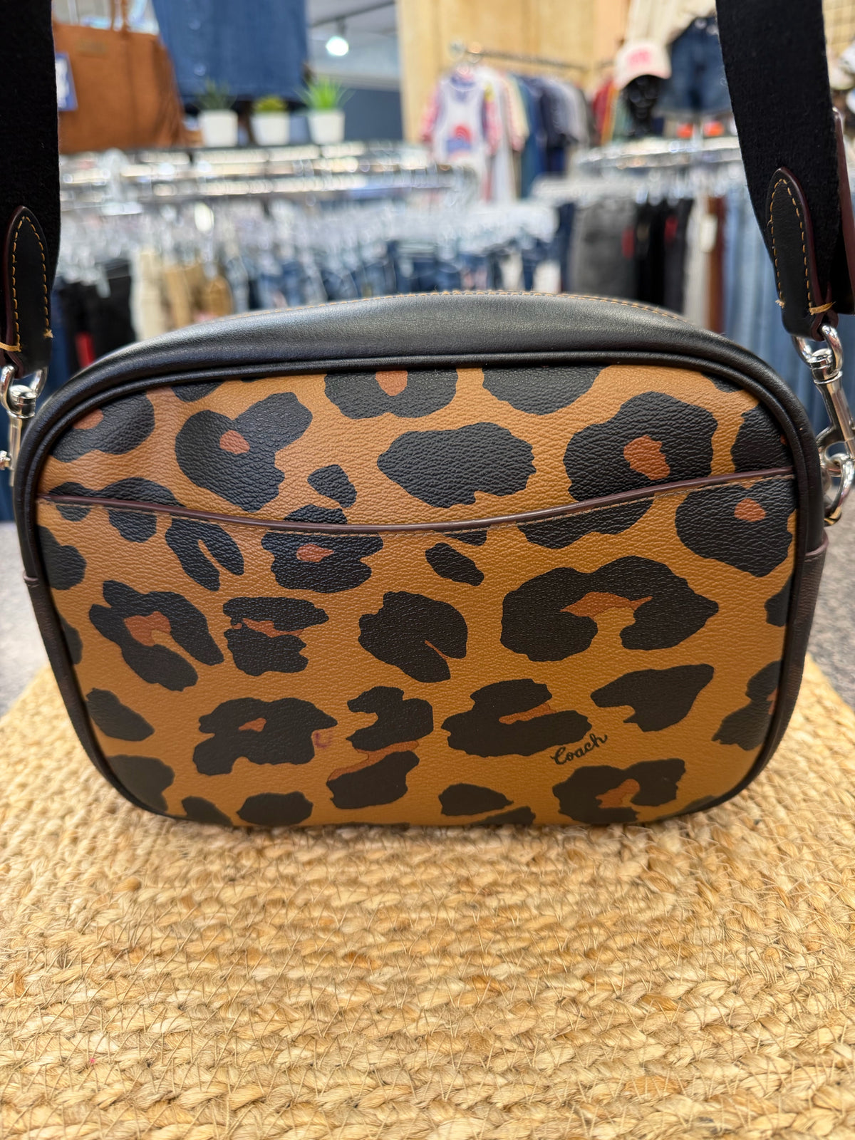 Pre-owned COACH Tan Leopard Black Trim Crossbody Designer Purse