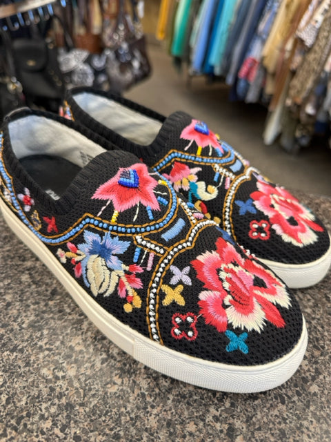 Pre-owned JOHNNY WAS Black floral Multi Size 9.5 Designer Shoe