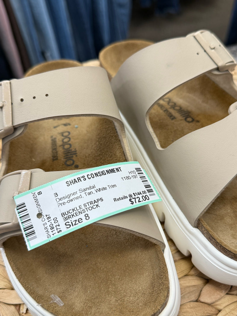 Pre-owned BIRKENSTOCK Tan White Trim Size 8 Designer Sandal