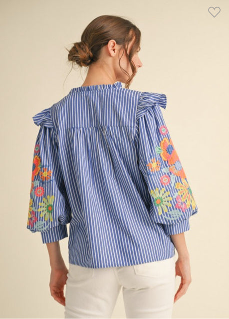 New JODIFL Blue pinstripe Multi Trim Size S Quarter Sleeve Blouse