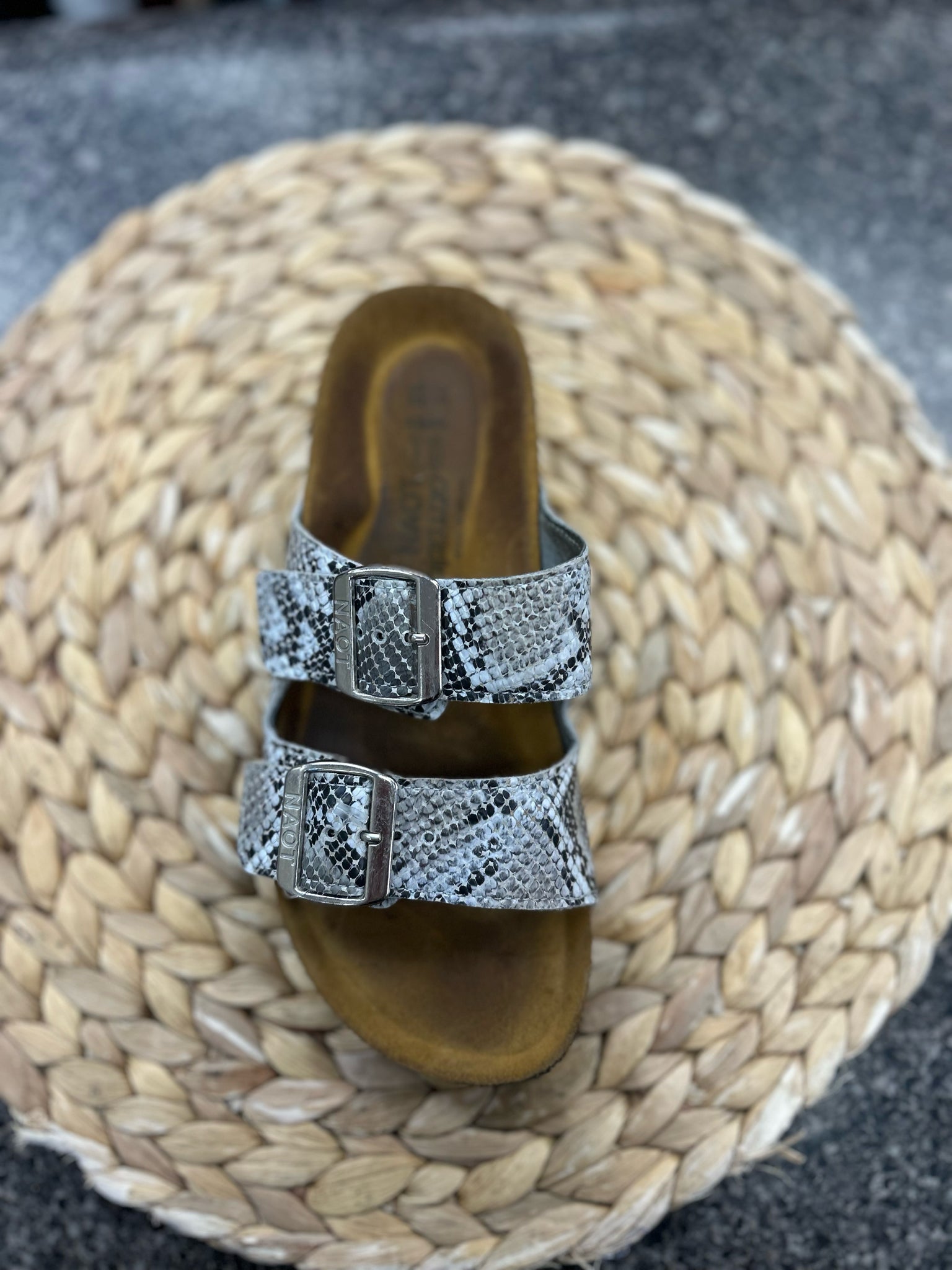 Pre-owned NAOT Gray Snakeskin Size 5 Designer Sandal