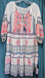 Pre-owned Lula Soul White Navy Print Size 6/7 Quarter Sleeve Designer Dress