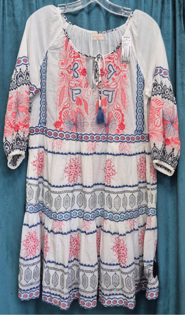 Pre-owned Lula Soul White Navy Print Size 6/7 Quarter Sleeve Designer Dress