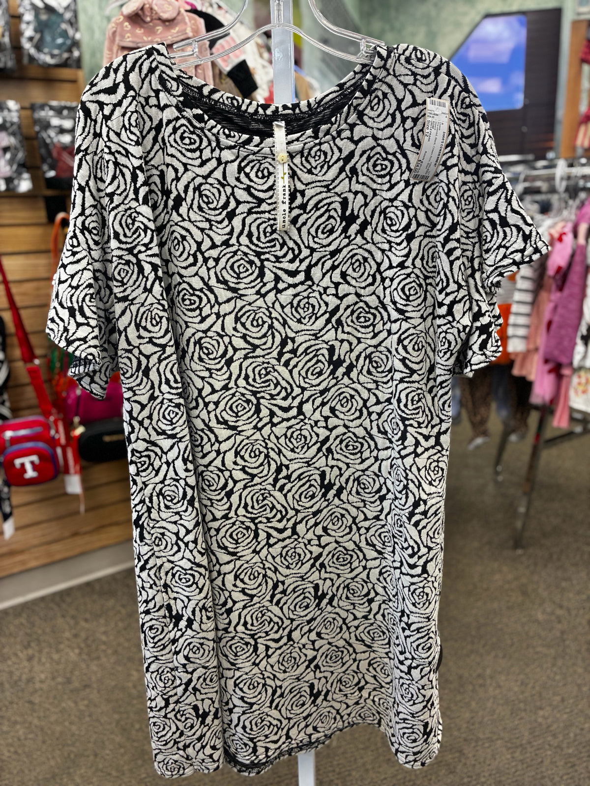 Pre-owned UNCLE FRANK Black Cream Print Size 12 Short Sleeve Dress