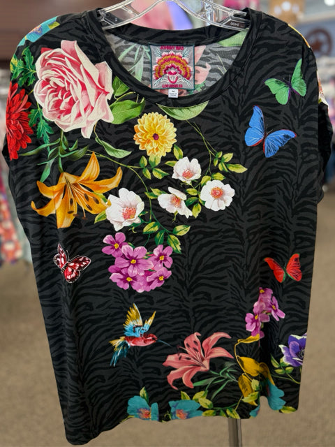 Pre-owned JOHNNY WAS Black animal Multi Floral Short Sleeve Designer Blouse