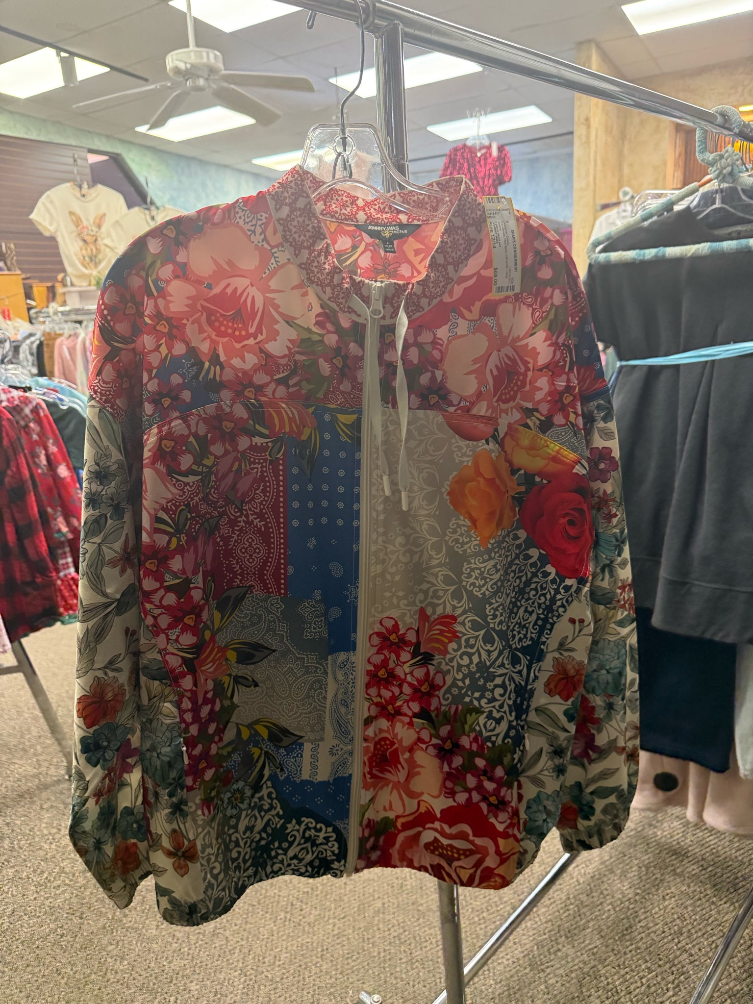 Pre-owned JOHNNY WAS Red floral Off-white Size 12/14 Long Sleeve Designer Dress