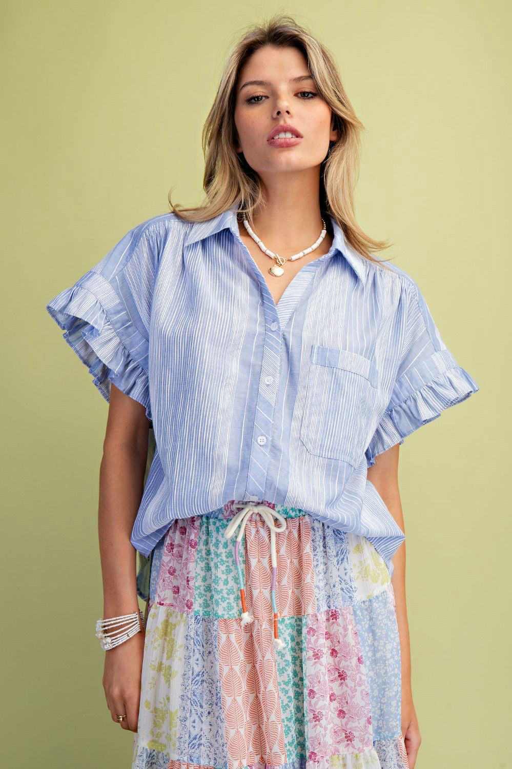 New EASEL Light blue stripe White Size S Short Sleeve Blouse