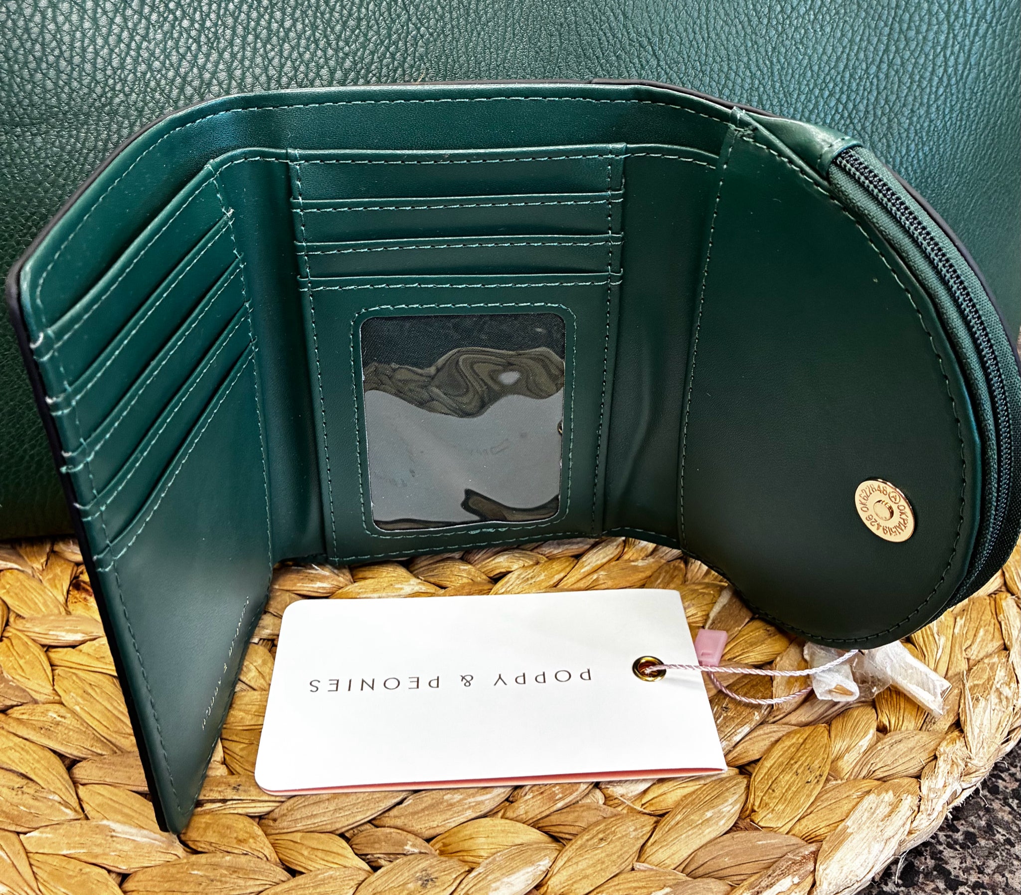 New with Tag Poppy & peonies Dark green Gold Trim WALLET SIZE Small Wallet