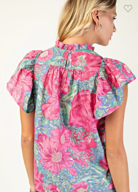 New Gigio Hot pink floral Blue Size S Short Sleeve Blouse