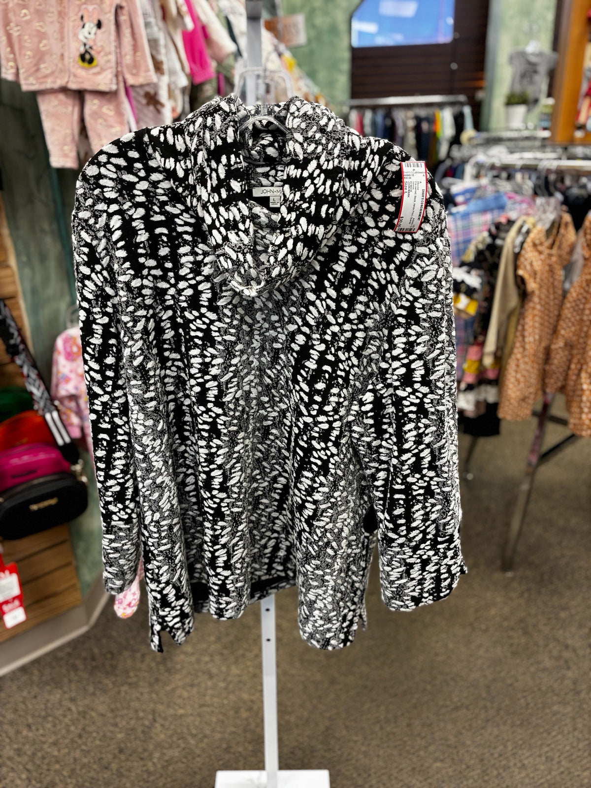 Pre-owned JOHN MARK Black White Print Size: L Quarter Sleeve Blouse