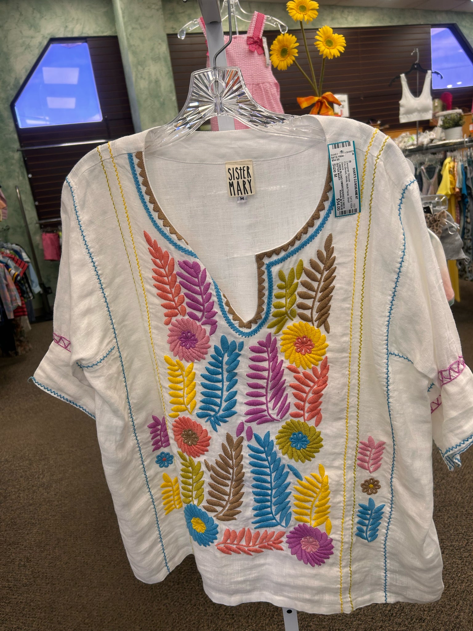 Pre-owned SISTER MARY White Multi Floral Short Sleeve Size: M Designer Blouse
