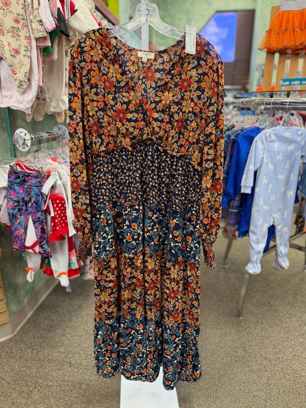 Pre-owned UMGEE Navy Orange Floral Size 9 Long Sleeve Dress