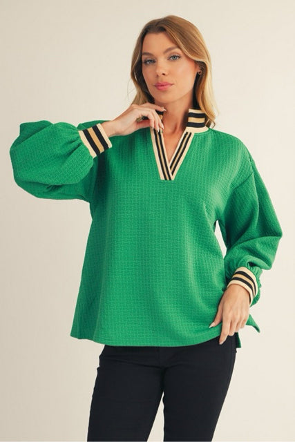 New JODIFL Green Cream Trim Size S Long Sleeve Blouse