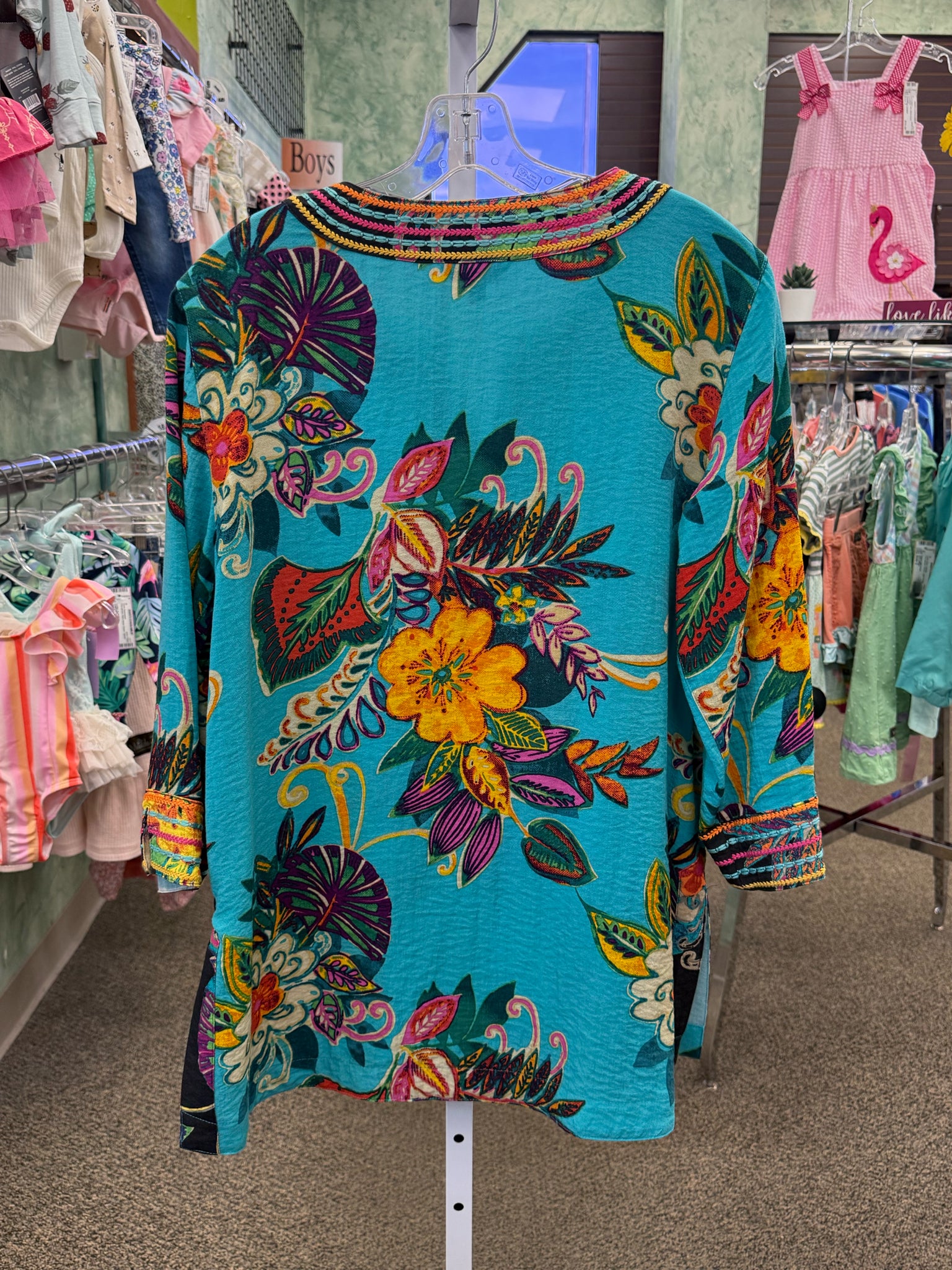 Pre-owned JOHN MARK Turquoise Multi Floral Size: M Long Sleeve Blouse