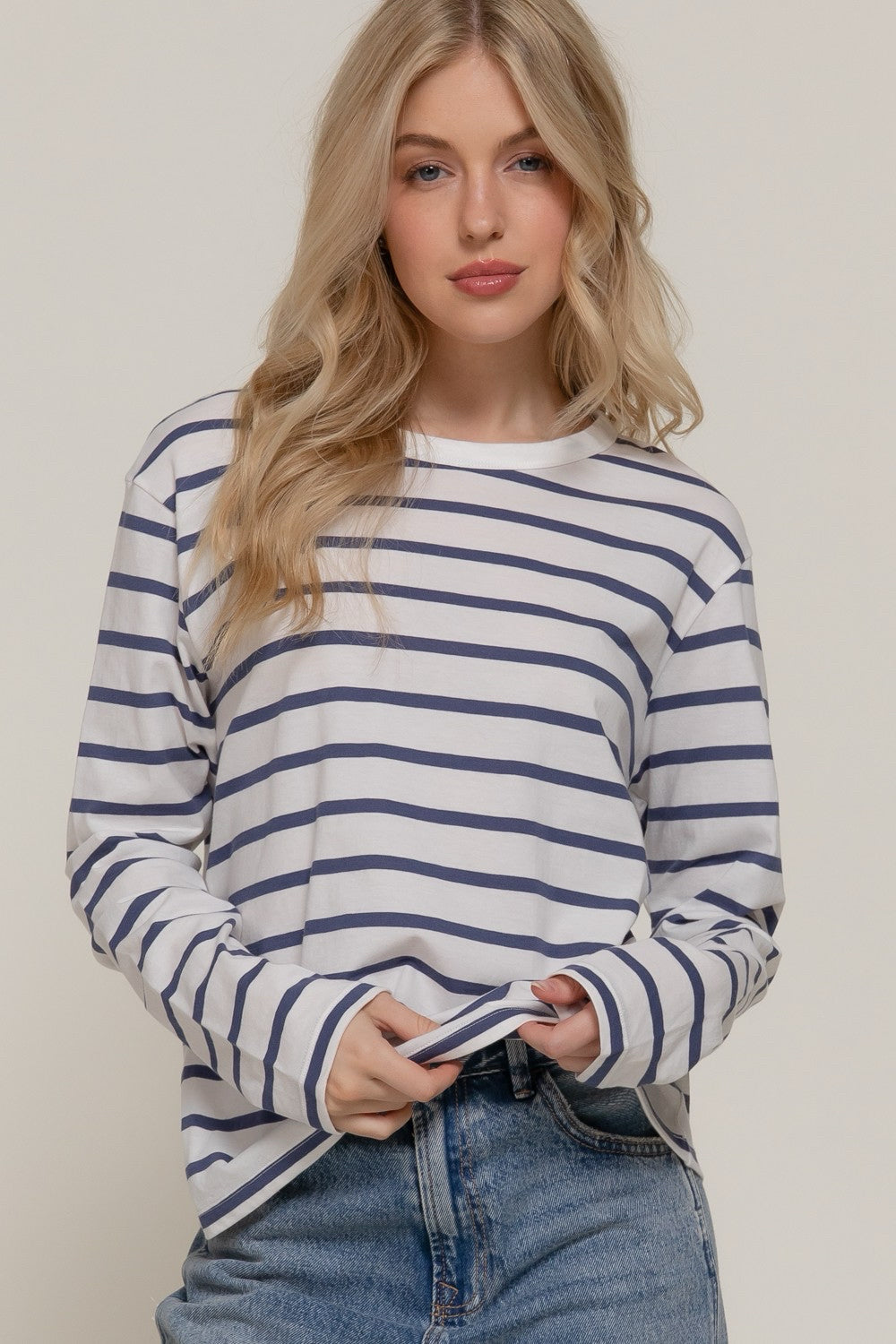 New ACTIVE BASIC Blue stripe Ivory Size S Long Sleeve Tee