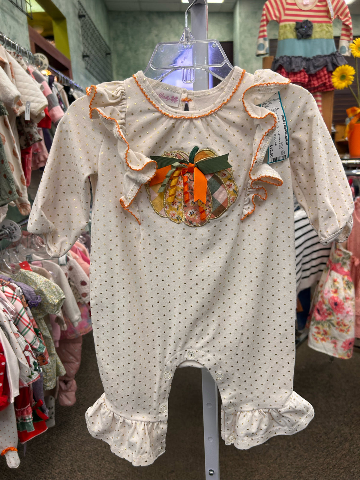 Pre-owned BONNIE BABY White Gold Polka Size 3/6mo Long Sleeve Feet Girls Jumper