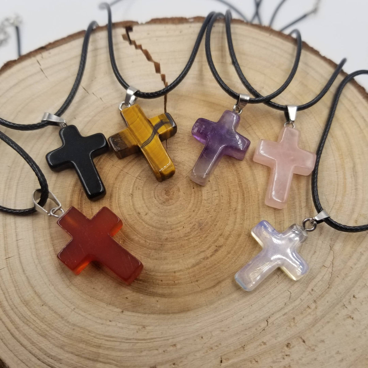 Natural Stone Cross Necklace: Black