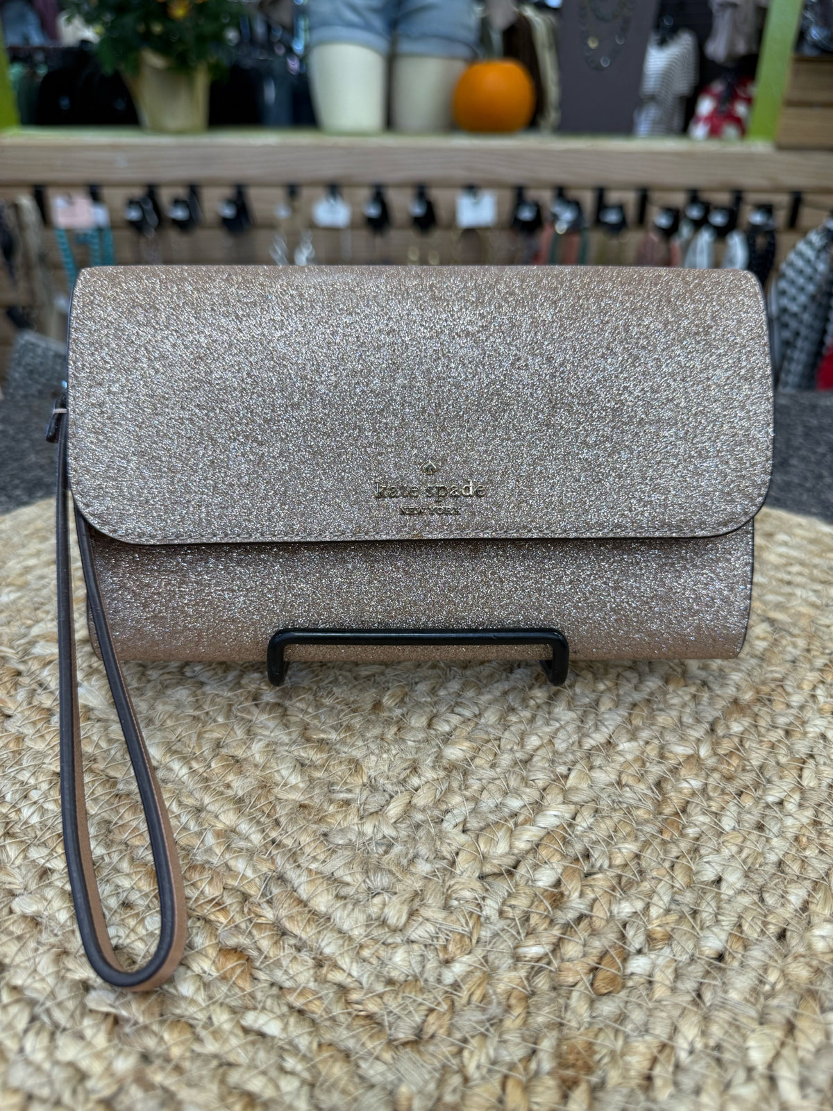 New with Tag KATE SPADE Rose gold Glitter WALLET SIZE Wristlet Designer Wallet
