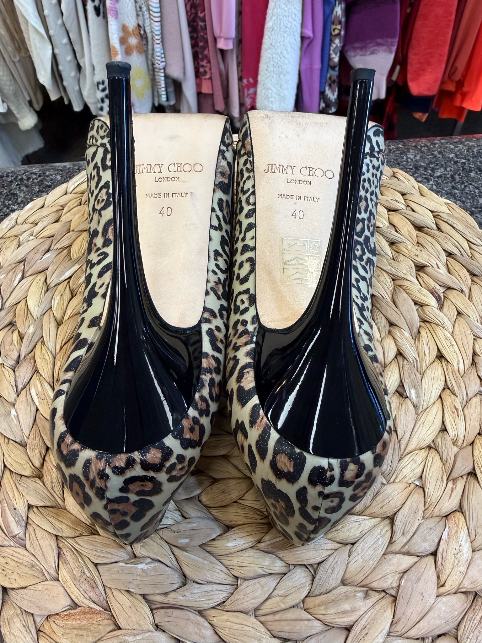 Pre-owned JIMMY CHOO Leopard Black Patent Size 9.5 Designer Heel