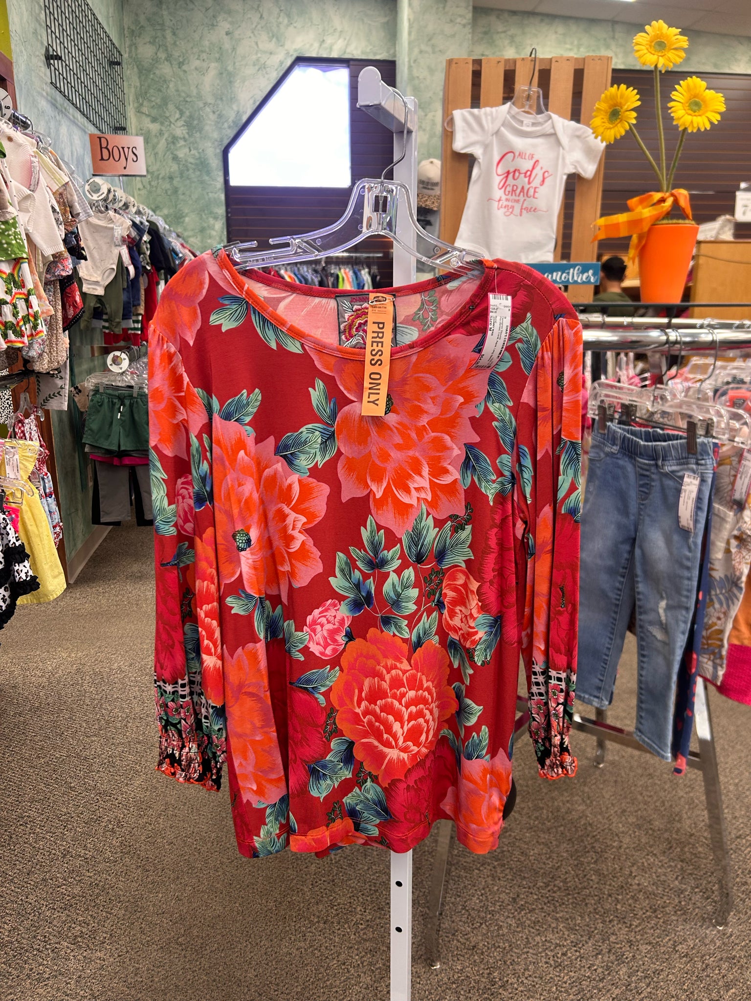 Pre-owned JOHNNY WAS Coral Aqua Long Sleeve Size: M Designer Blouse