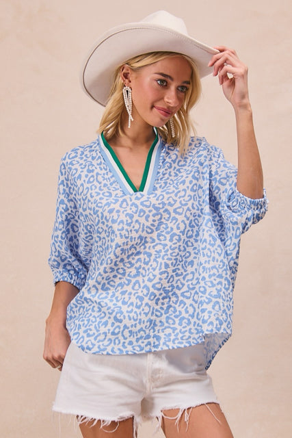 New BIBI Light blue Green Trim Size S Short Sleeve Blouse