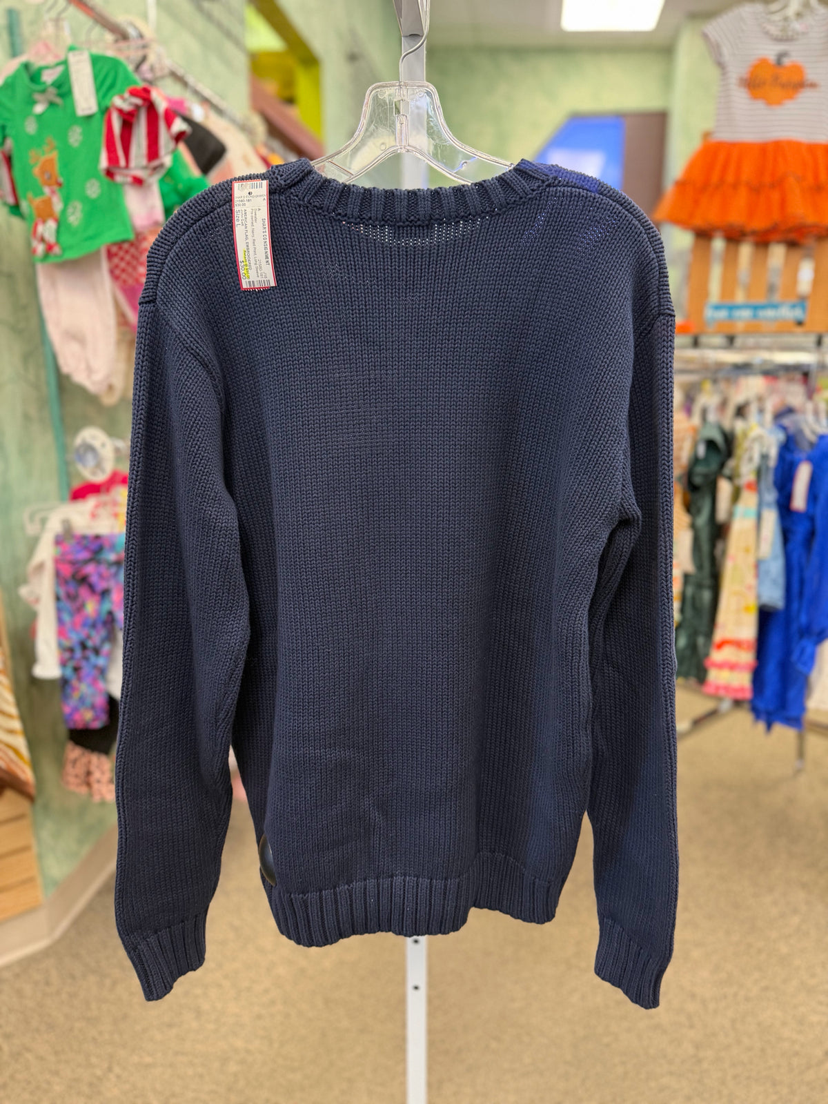 Pre-owned John Galt Navy Red Print Size L Long Sleeve Sweater