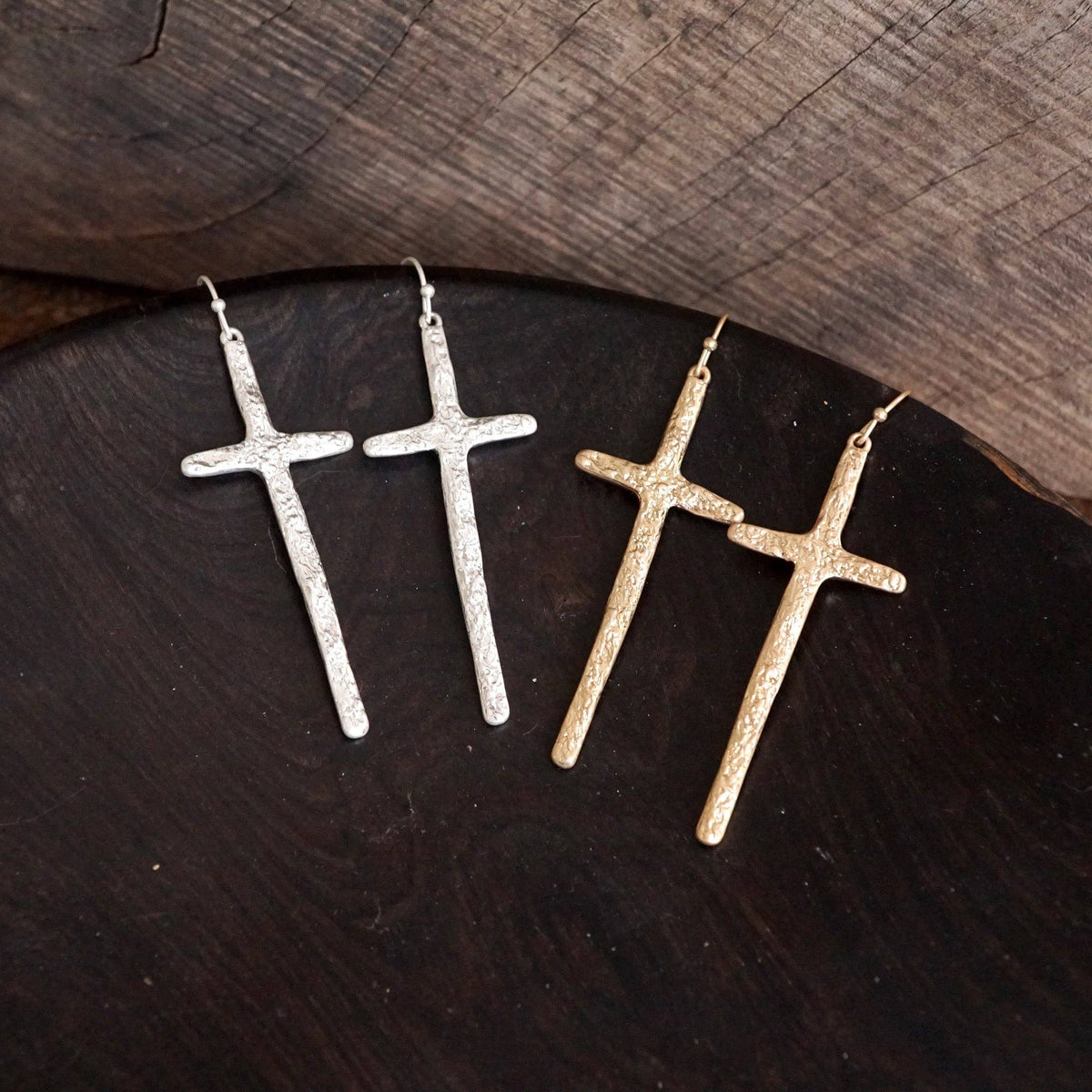 Primitive Cross Earrings Dangle Drop Gold Silver: Worn Silver Tone