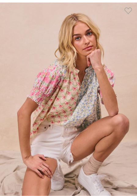 New BIBI Pink print Size S Short Sleeve Blouse