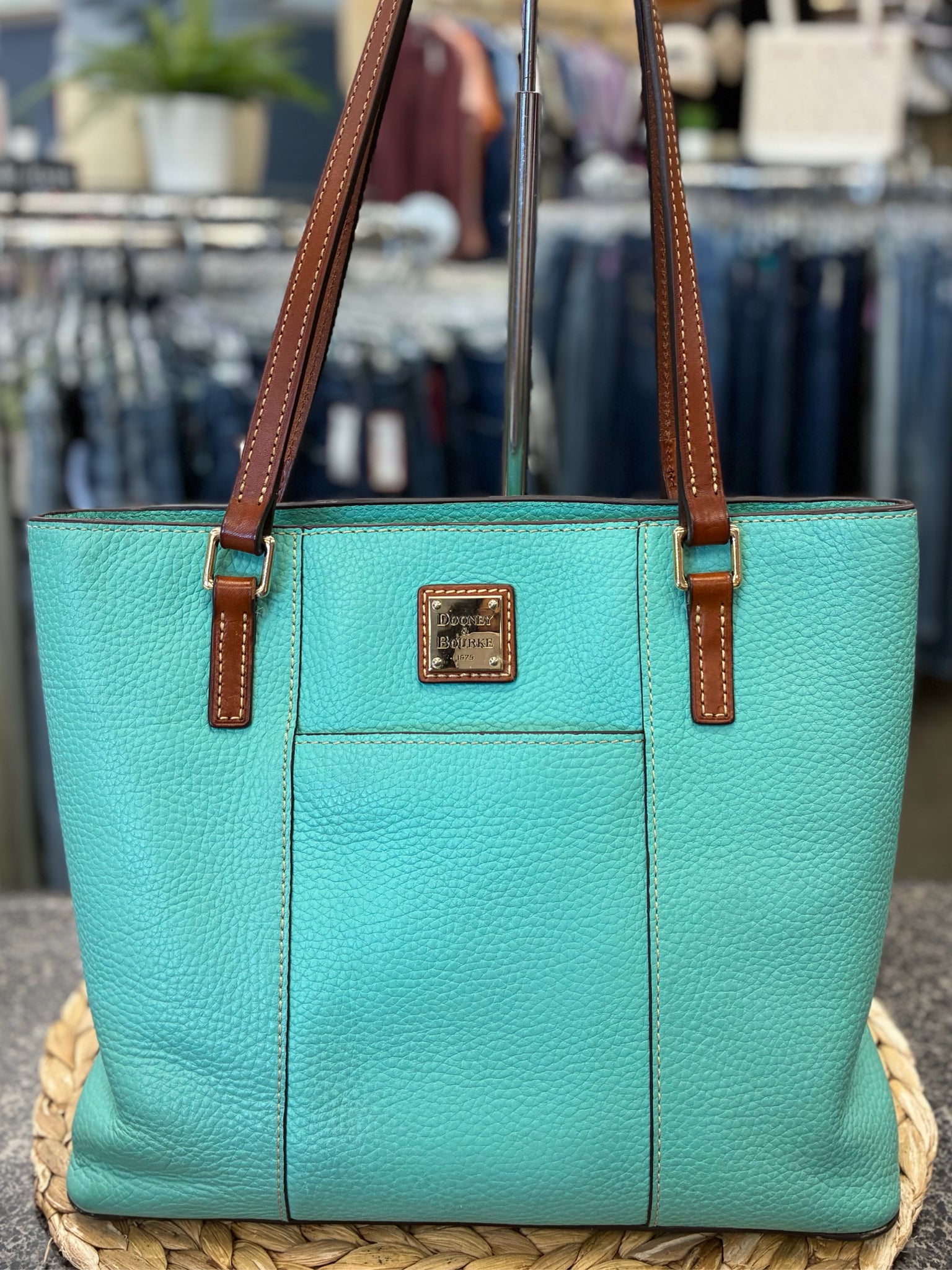 Pre-owned DOONEY&BOURKE Turquoise Brown Trim Shoulder Designer Purse