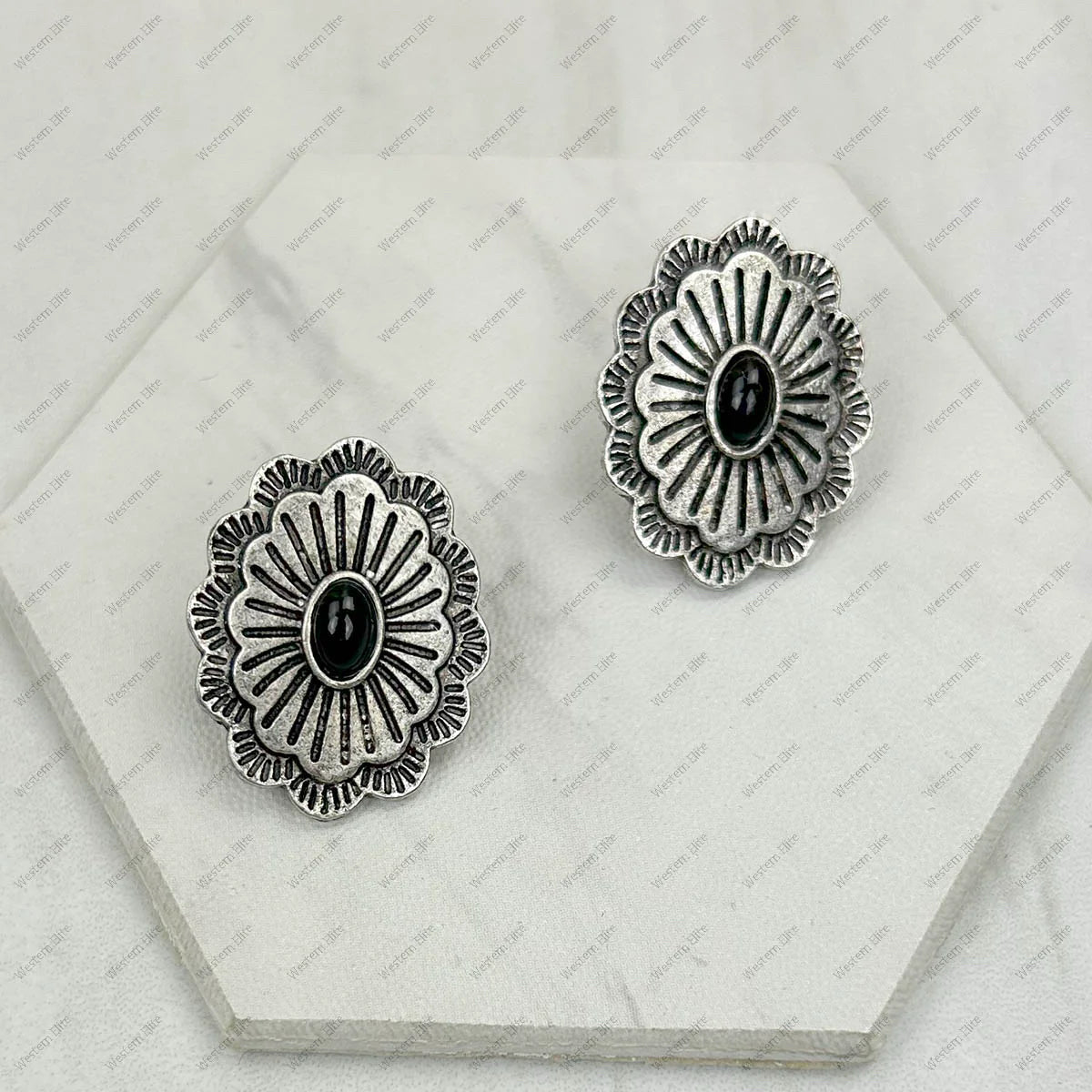 New WESTERN PEWTER Black Earring